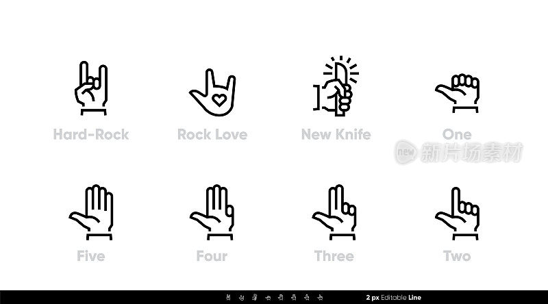 Hand Gesture line icon. Rock, Love, Knife in Hand. Fingers with Numbers set. Editable line stroke on white, isolated vector illustration of Human Hands